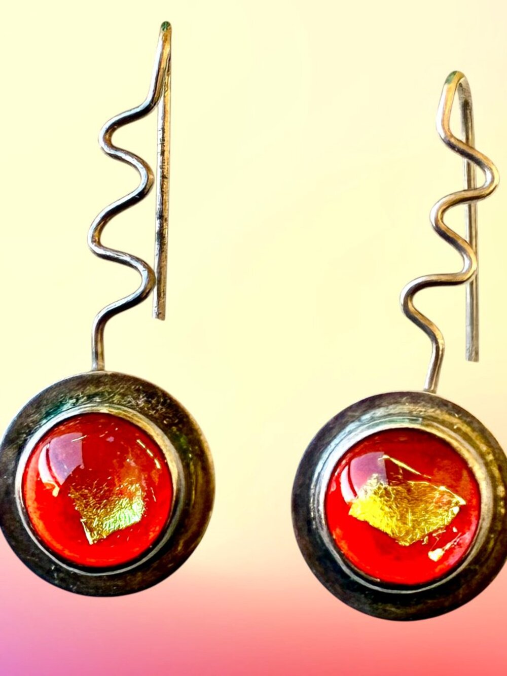 Barbara Sucherman Dichroic Glass Sterling Silver Modernist Drop Pierced Vintage